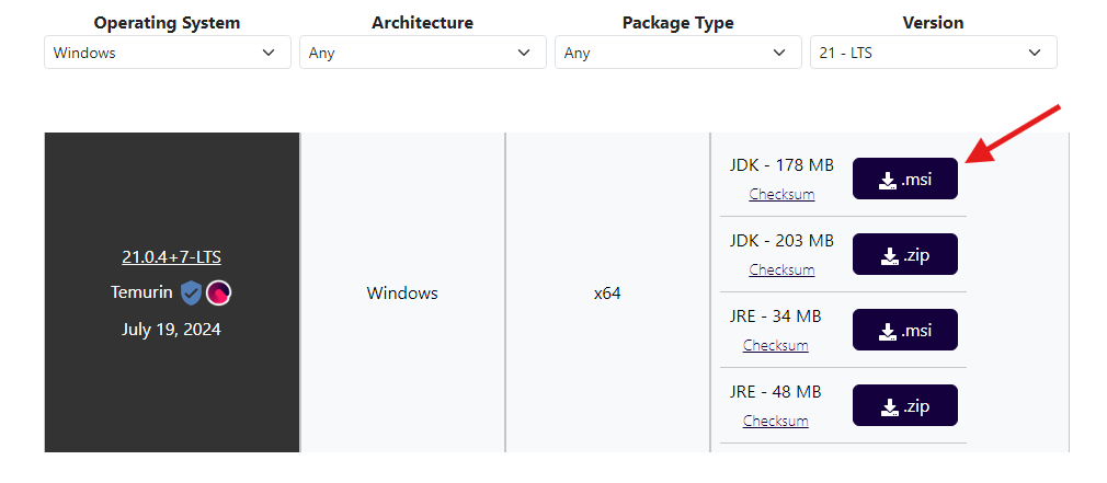 Adoptium Temurin Java 21 download page with installer options