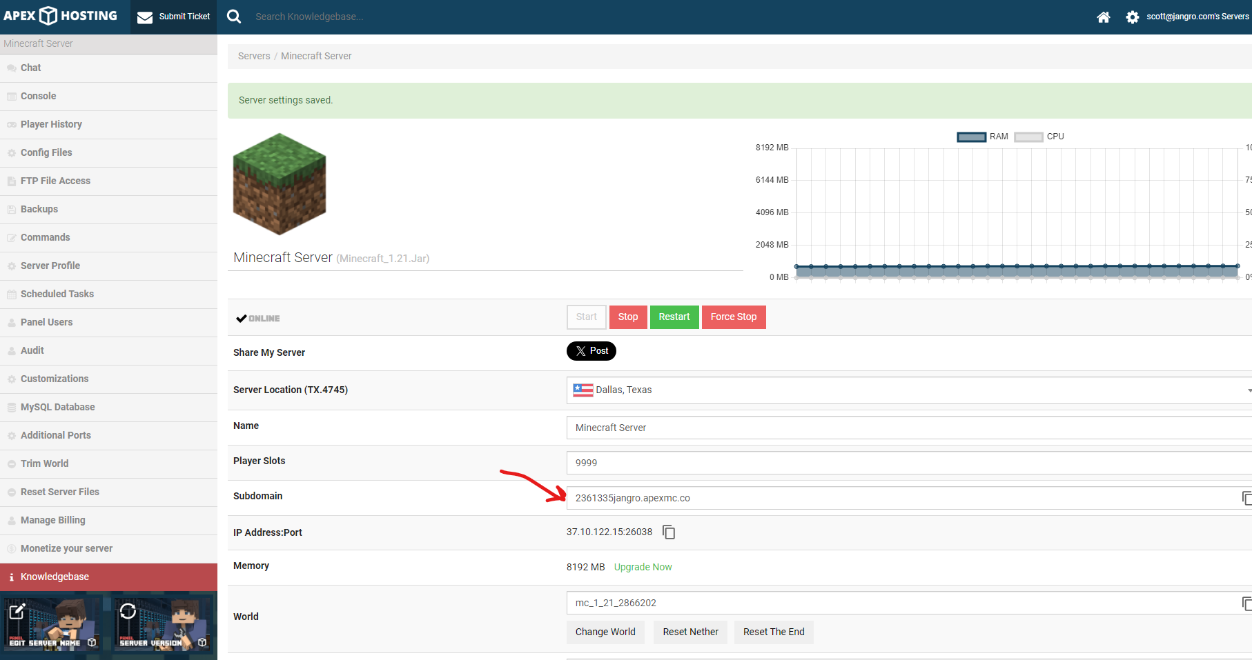 Apex Hosting control panel with server address