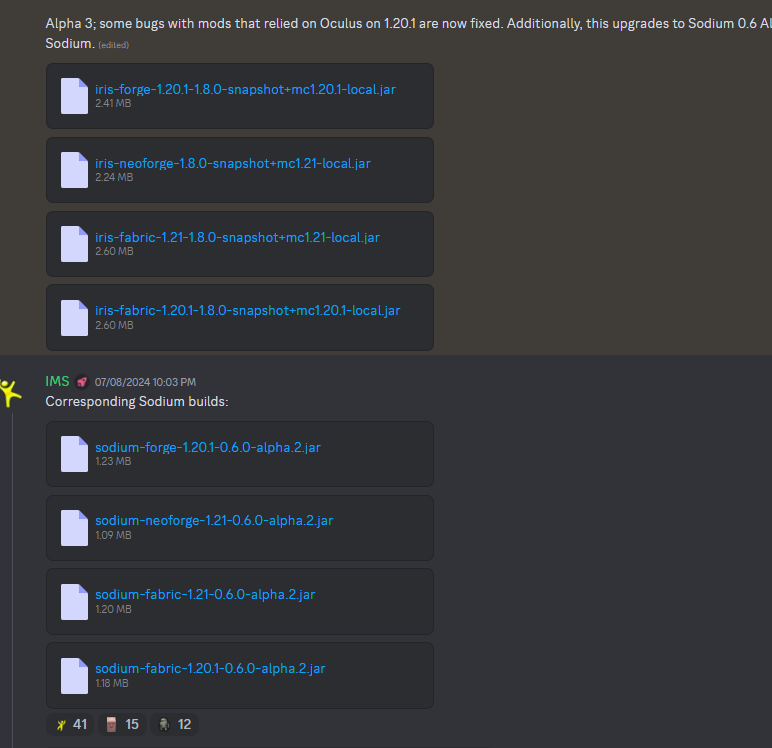 Iris Discord channel showing download links for unstable releases of Iris and Sodium for Minecraft 1.21