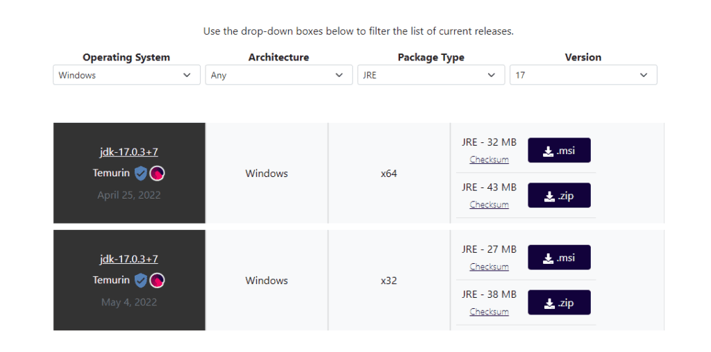 Adoptium website Java 17 download page with package options