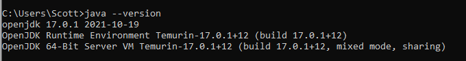 Command prompt showing java version check for Java 17