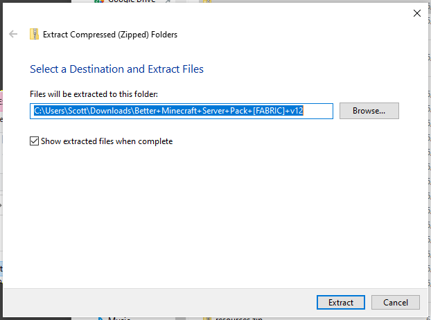 Windows file extraction dialog for server pack