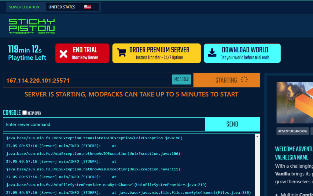 StickyPiston server console showing startup messages