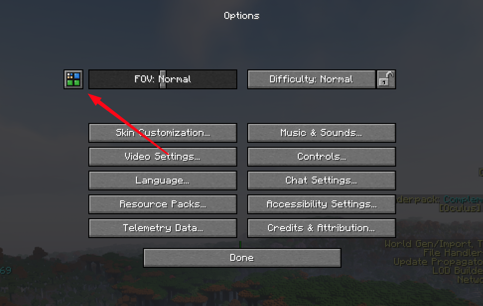 Options menu with DH button highlighted