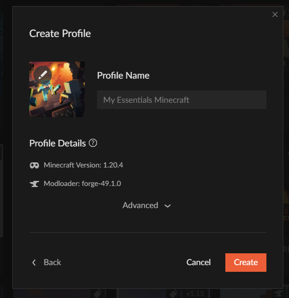 CurseForge create new profile for Essential mod