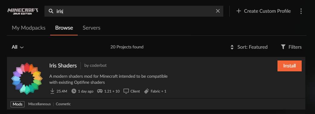 CurseForge search results showing Iris Shaders mod