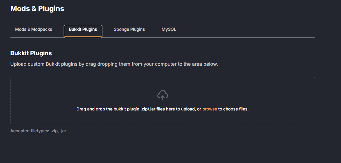 DatHost Bukkit plugins upload interface after switching to Paper server