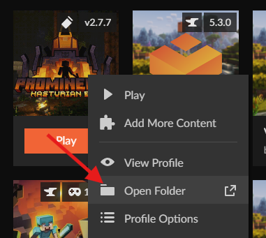 CurseForge right-click menu showing Open folder option for modpack