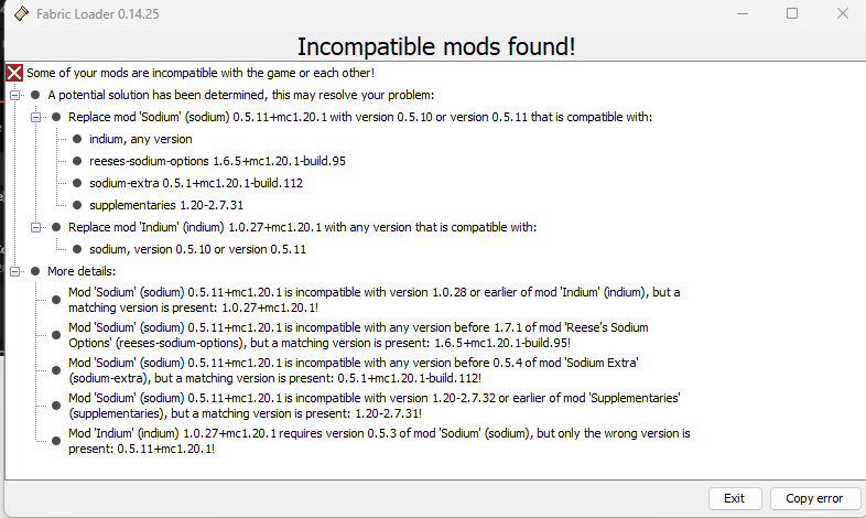 Error screen showing multiple mod incompatibilities with version requirements