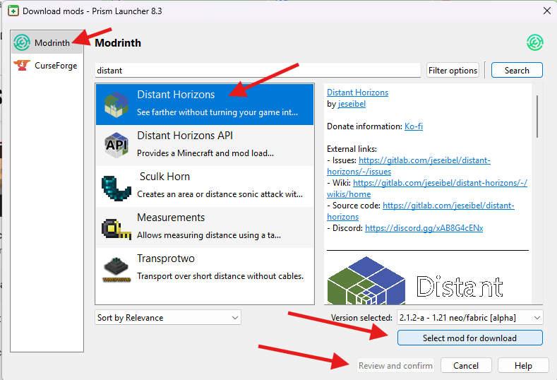 Prism Launcher mod search showing Distant Horizons selected for download