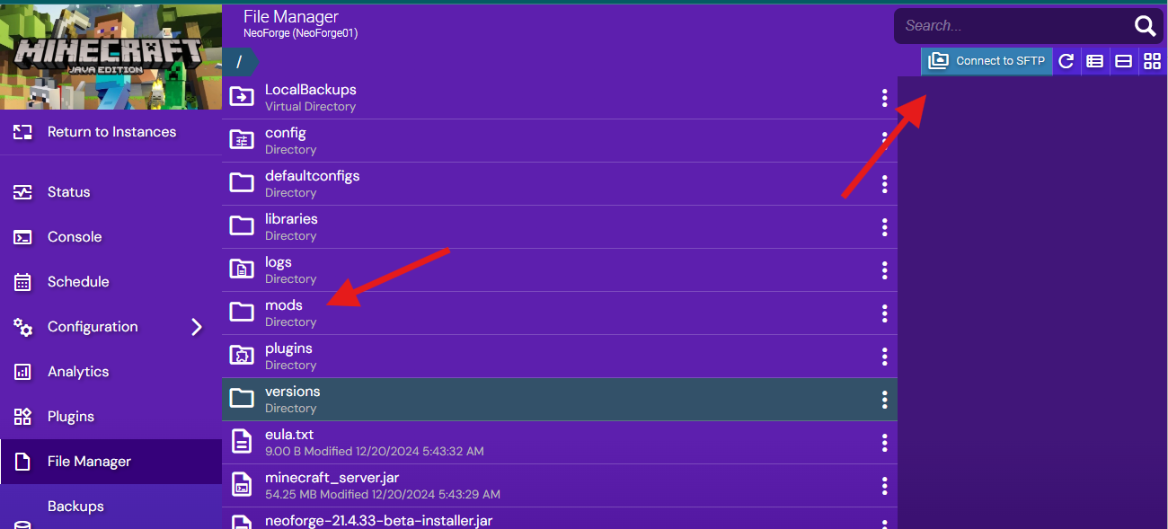 Hostinger file manager showing mods folder structure for NeoForge server