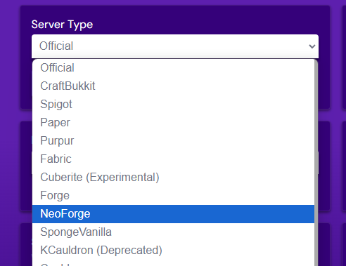 Hostinger server type selection showing NeoForge option for modded Minecraft