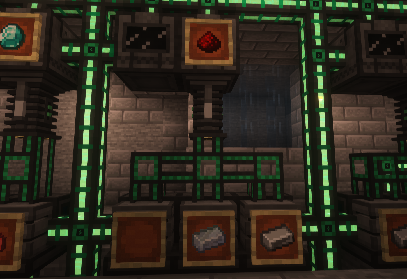Mekanism automated setup example processing redstone ore through multiple metallurgic infusers with logistical sorting