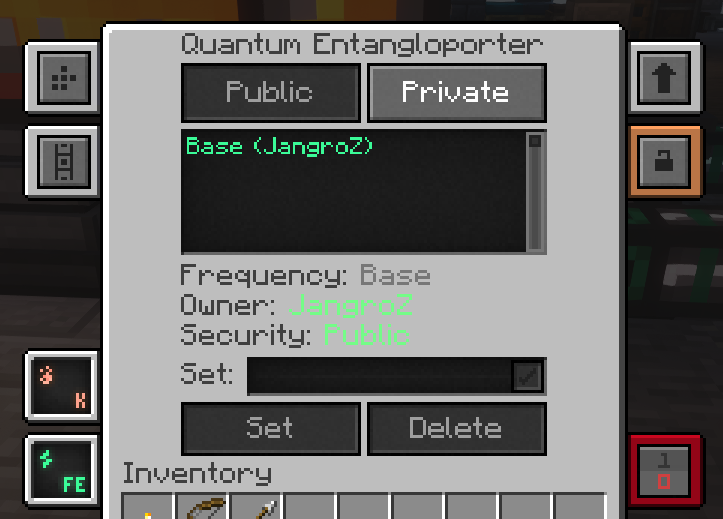 Mekanism Quantum Entangloporter frequency configuration GUI showing 'Base' frequency setup