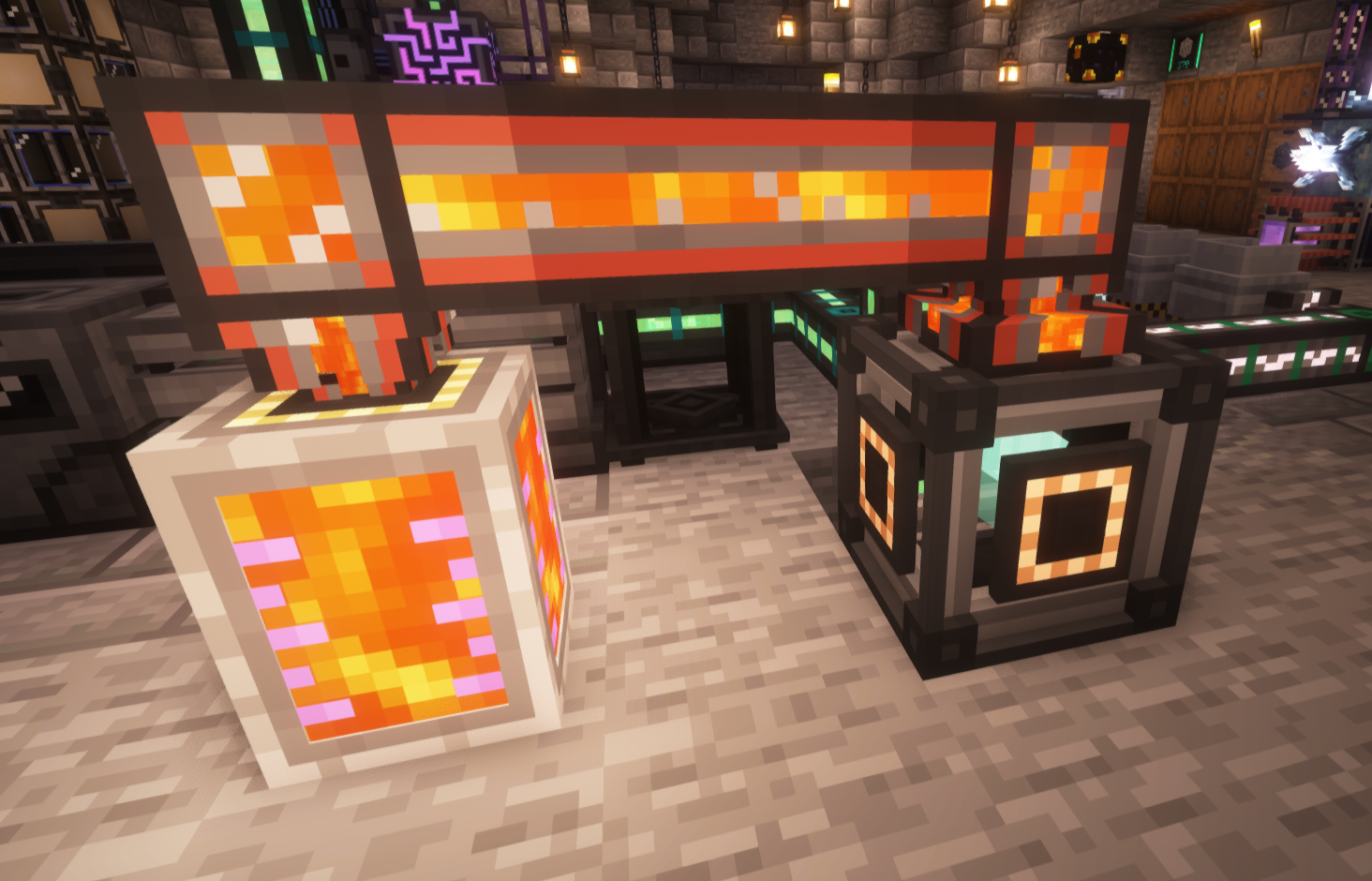 Mekanism Quantum Entangloporter receiving lava from Nether station for base operations