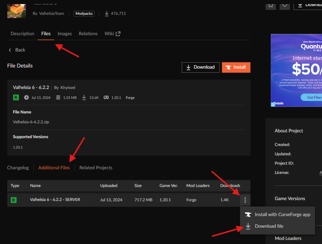 CurseForge Additional Files menu showing three-dot menu and Download file option