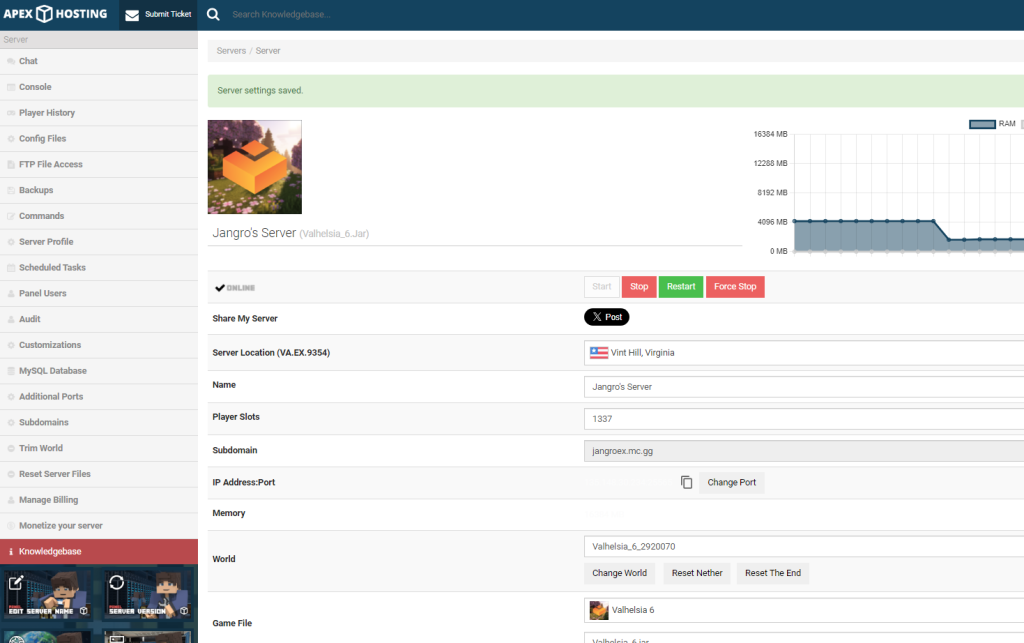 Apex Hosting control panel showing running Valhelsia server with connection details