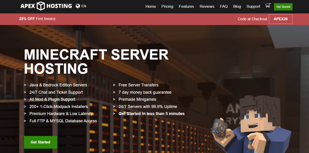 Apex Hosting homepage showing Minecraft server hosting plans and Get Started button