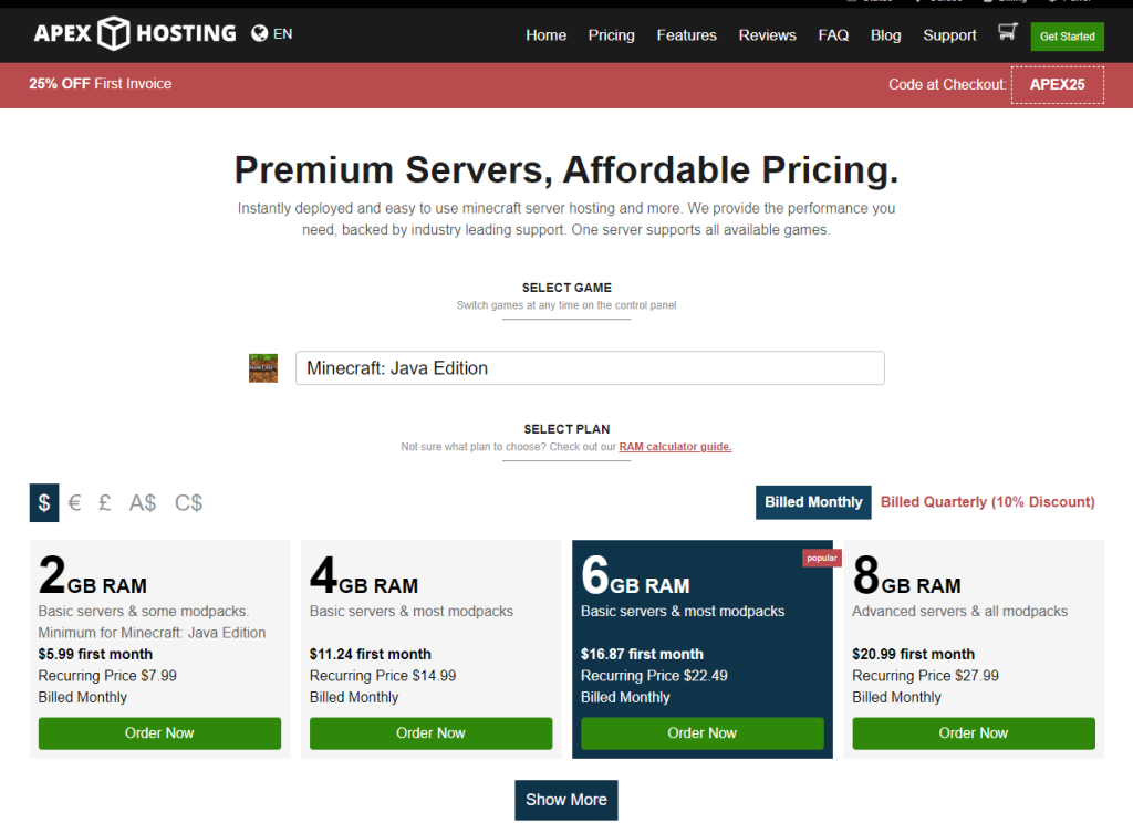 Apex Hosting server plan selection showing different RAM options and pricing