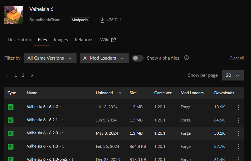 CurseForge Files tab interface for accessing different modpack versions