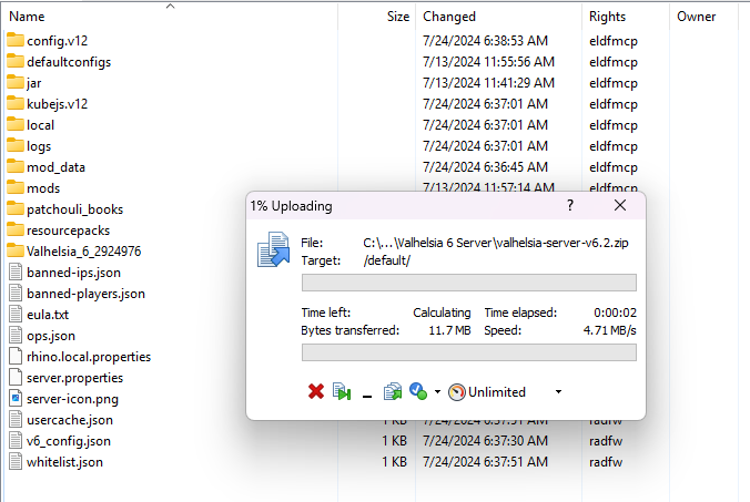 Uploading ZIP file to Minecraft server via FTP client
