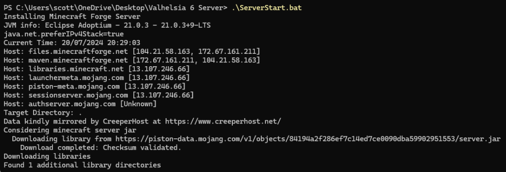 PowerShell terminal showing server startup script execution with scrolling installation text