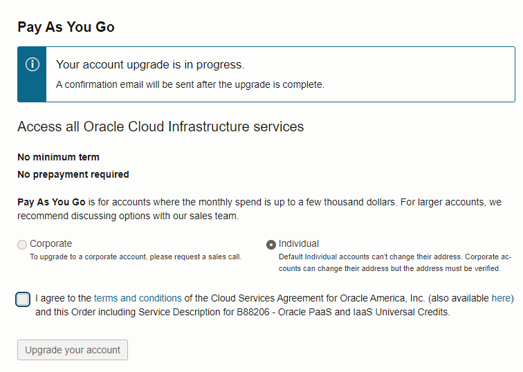 Oracle Cloud pay as you go upgrade option
