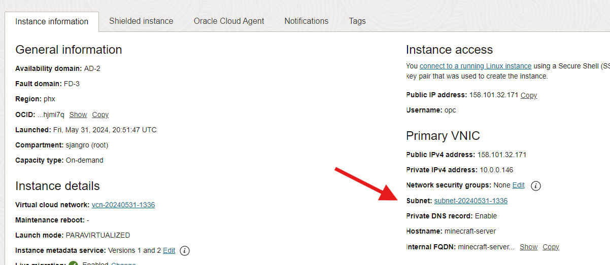 Oracle Cloud subnet information panel