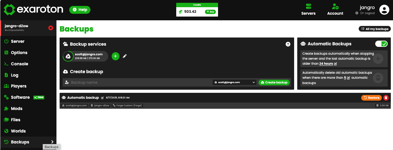 Backups Interface