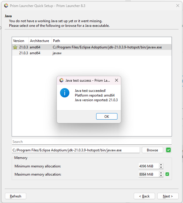 Prism Launcher Java version and memory allocation settings