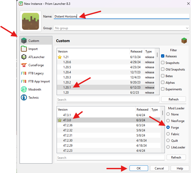 Prism new instance configuration window with Forge 1.20.1 selected