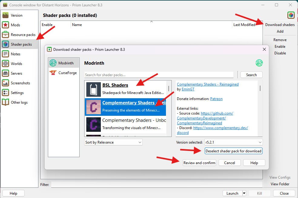 Prism shader packs download window showing BSL and Complementary shaders