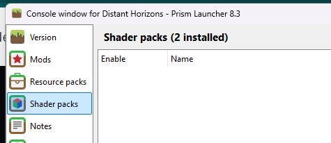 Prism shader packs tab showing 2 shader packs installed