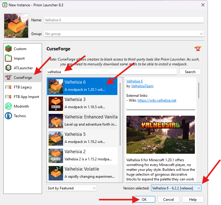Prism Launcher Add Instance dialog with CurseForge selected and Valhelsia 6 modpack